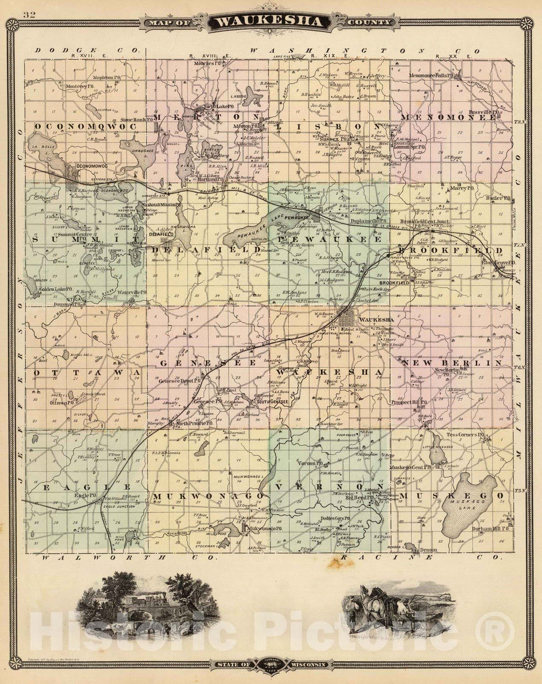 Historic Map : 1878 Map of Waukesha County, State of Wisconsin. - Vintage Wall Art