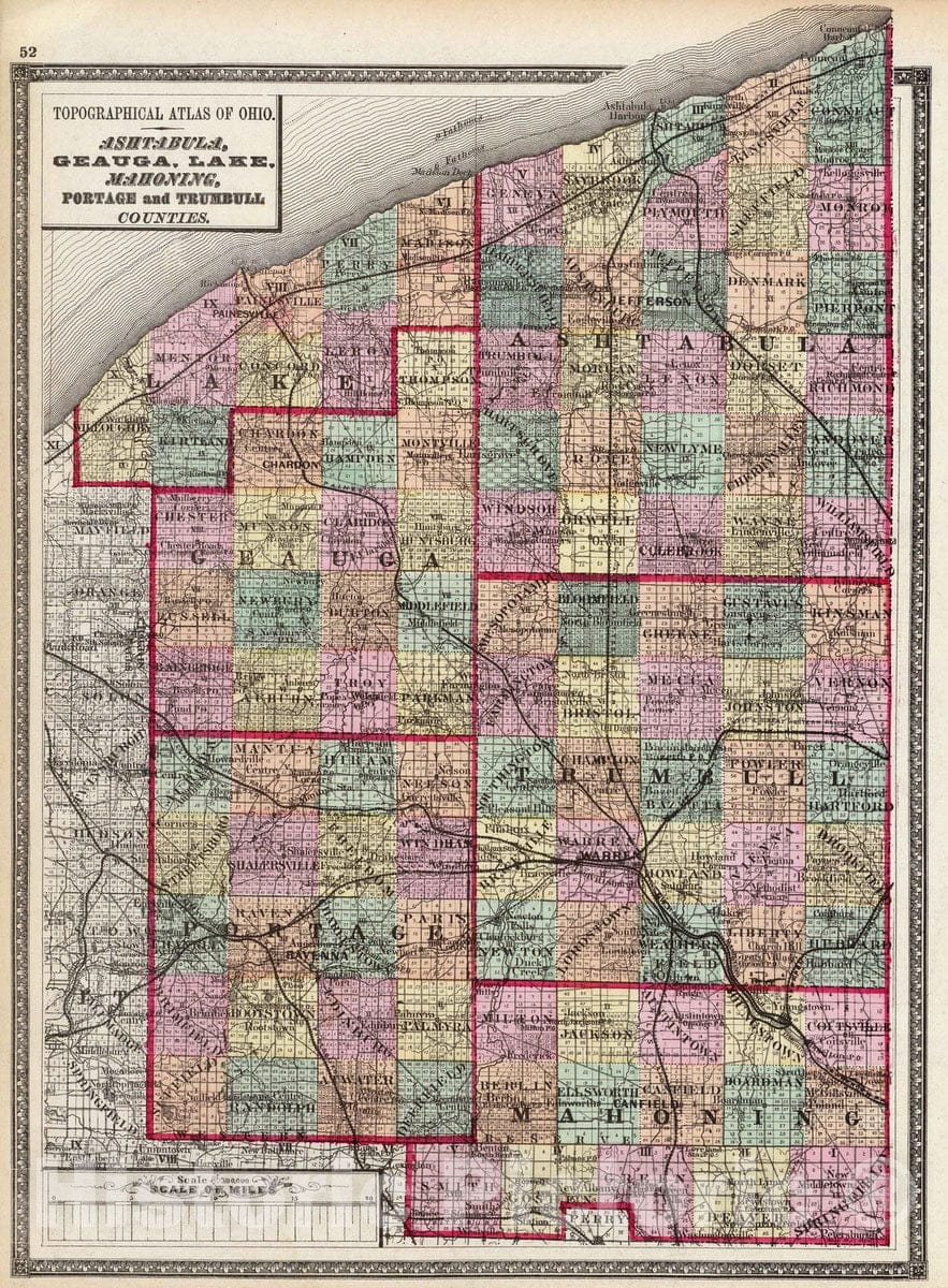 Historic Map - 1872 Ashtabula, Geauga, Lake, Mahoning, Portage and Trumbull counties. - Vintage Wall Art