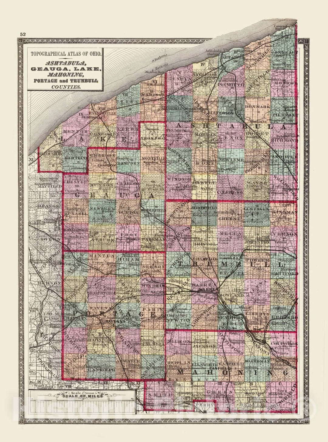 Historic Map - 1872 Ashtabula, Geauga, Lake, Mahoning, Portage and Trumbull counties. - Vintage Wall Art