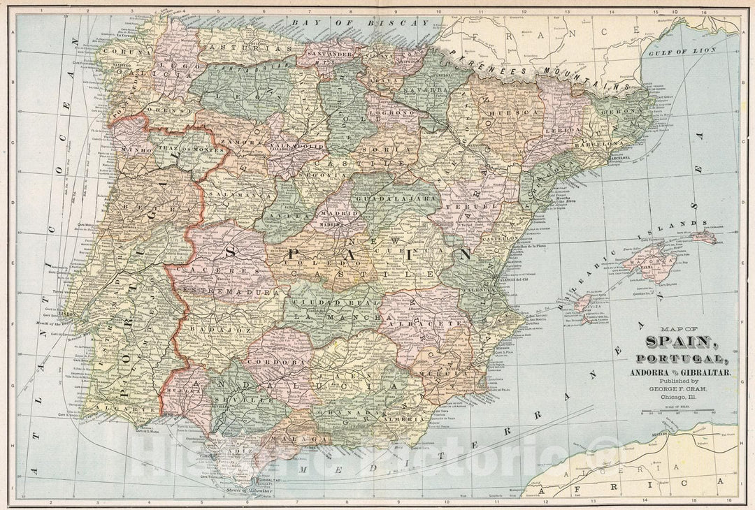 Historic Map : 1901 Spain, Portugal, Andorra and Gibraltar - Vintage Wall Art