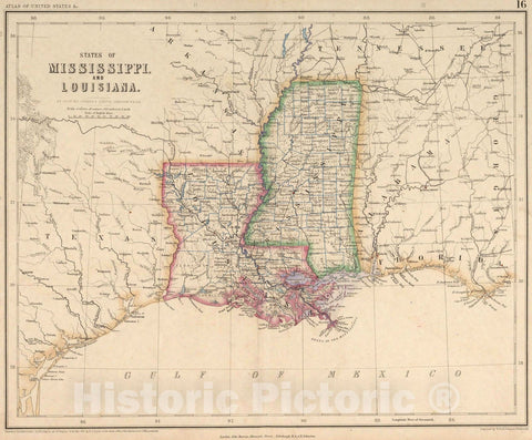Historic Map : National Atlas - 1857 States Of Mississippi And Louisiana. - Vintage Wall Art