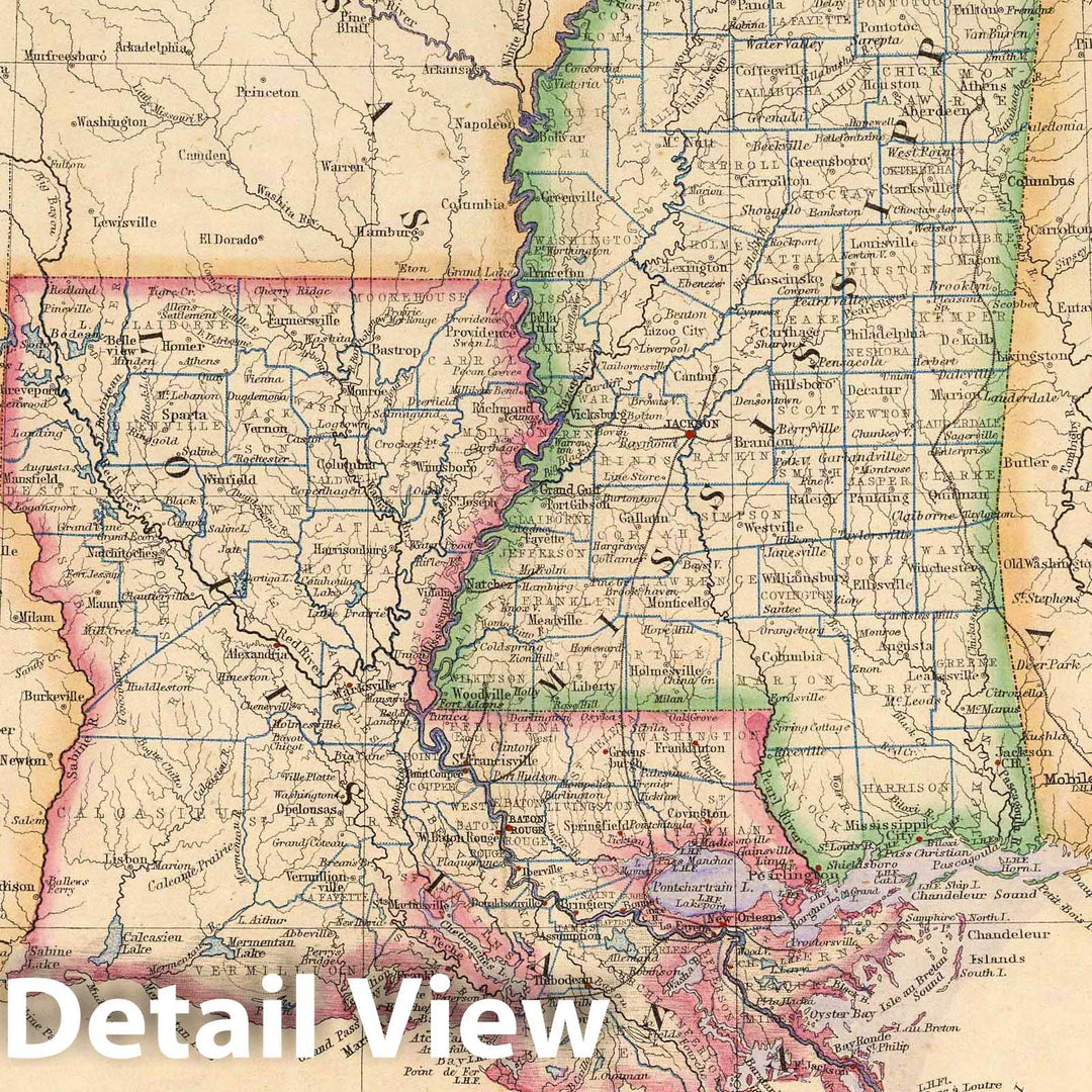 Historic Map : National Atlas - 1857 States Of Mississippi And Louisiana. - Vintage Wall Art