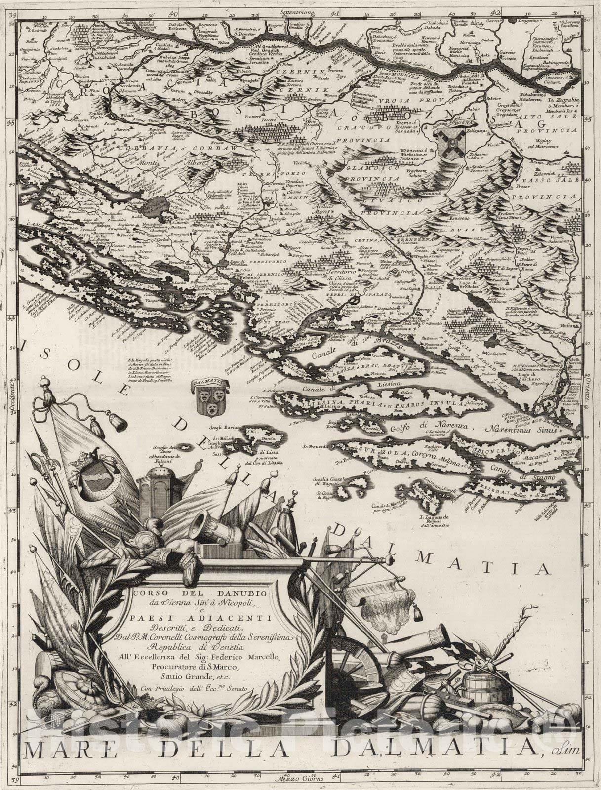 Historic Map : Croatia, Dalmatian Coast 1693 Corso del Danubio (1 of 6). , Vintage Wall Art