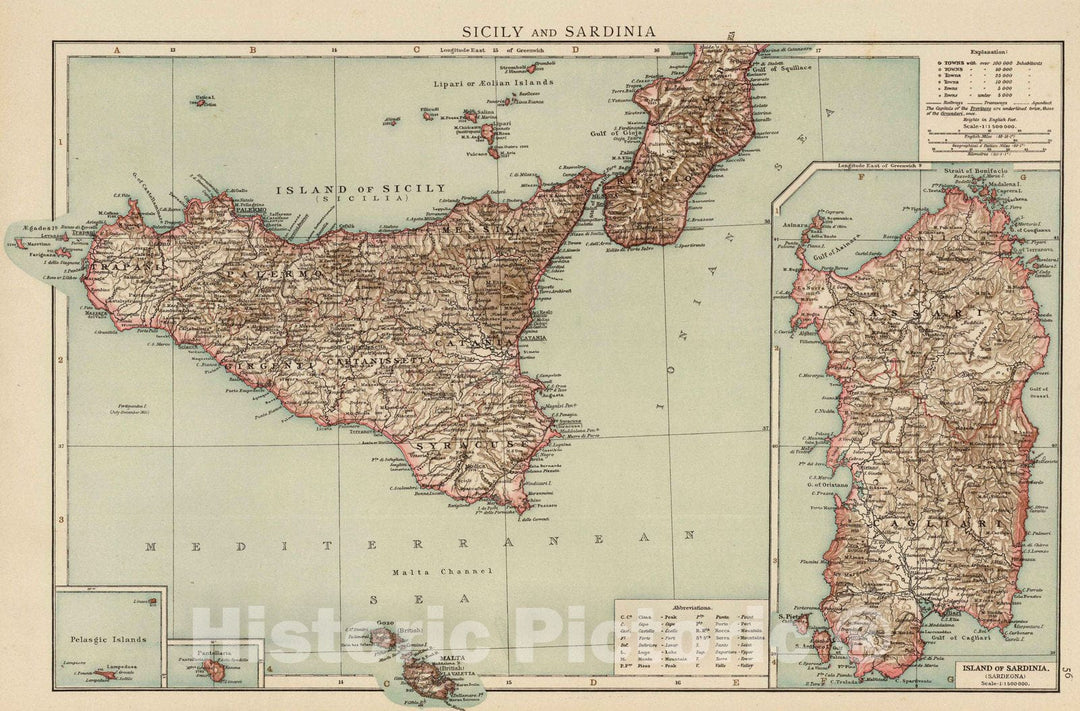 Historic Map : 1895 Sicily, Sardinia. - Vintage Wall Art