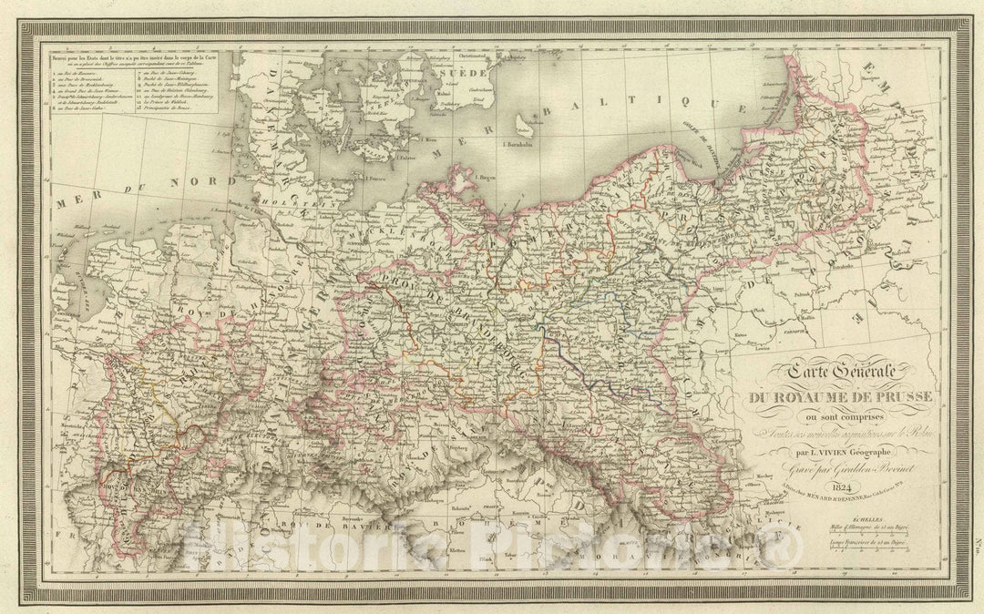 Historic Map : Germany; Poland, 1824 Carte Generale du Royaume de Prusse. , Vintage Wall Art