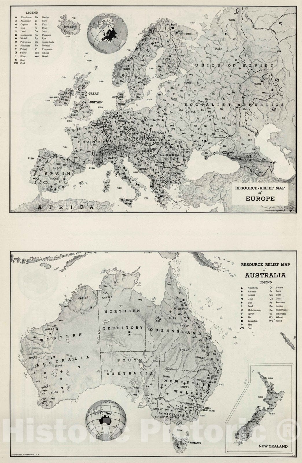 Historic Map : 1948 Resource-Relief Maps of: Europe and Australia. - Vintage Wall Art