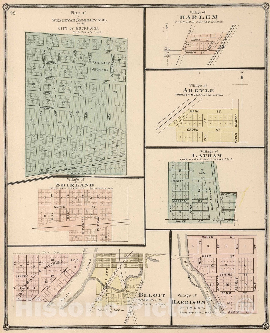 Historic Map : 1886 Wesleyan Seminary and Villages of Shirland, Beloit, Harlem, Argyle, Latham, and Harrison, Winnebago County, Illinois. - Vintage Wall Art