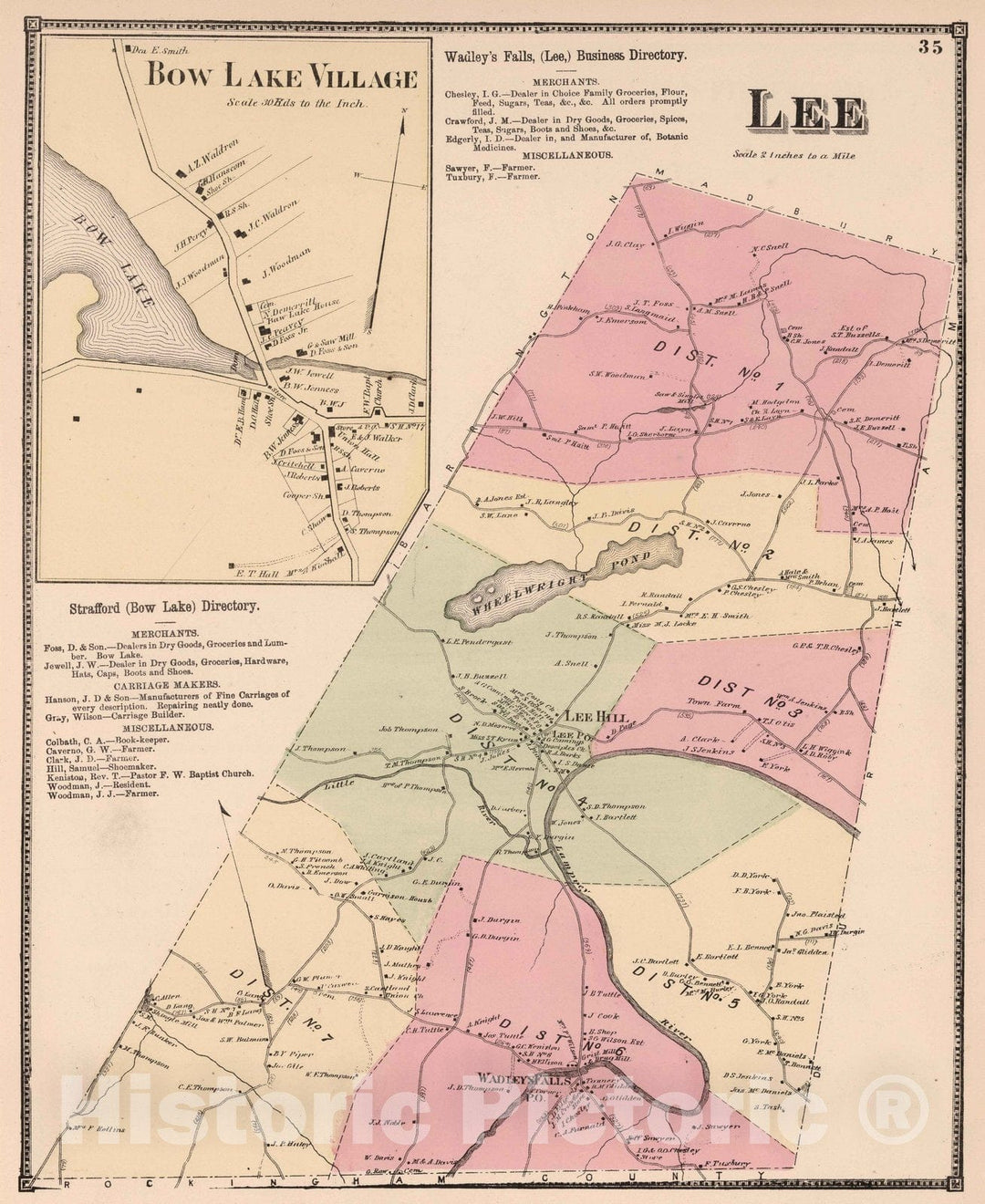 Historic Map : 1871 Lee, Strafford County, New Hampshire. Bow Lake Village. - Vintage Wall Art