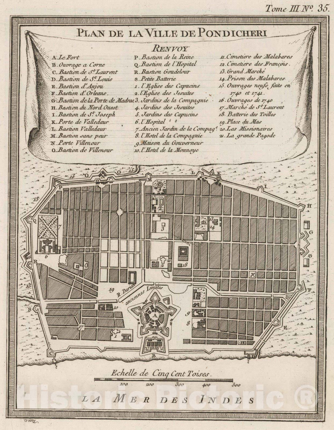 Historic Map : India, 1764 Plan de la Ville de Pondicheri , Vintage Wall Art