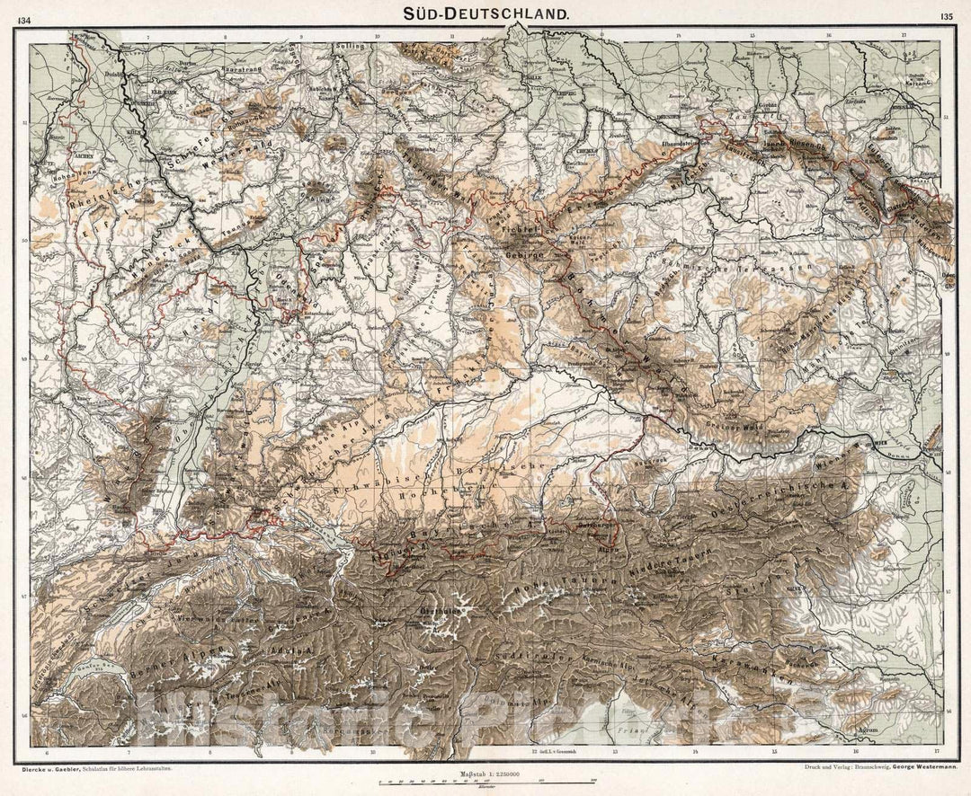 Historic Map : Germany, 1896 Sud-Deutschland , Vintage Wall Art