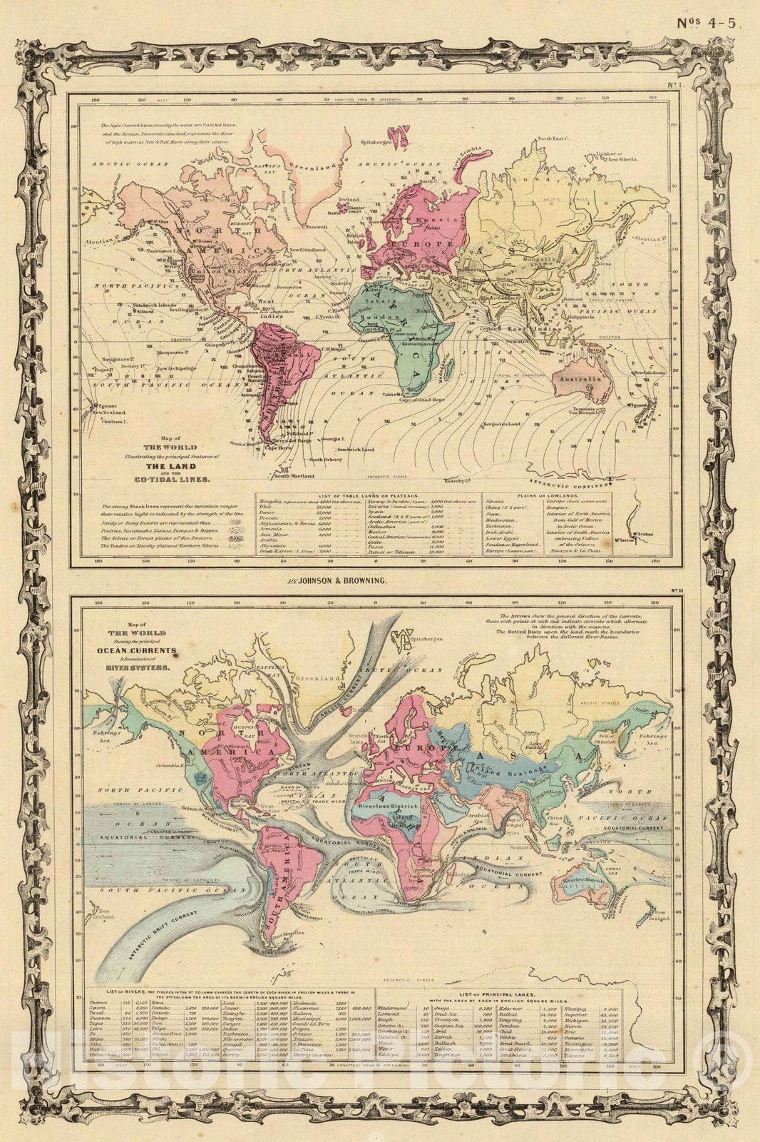 Historic Map : 1860 Map of The World Illustrating, The Land, Co-Tidal Lines, Ocean Currents. - Vintage Wall Art