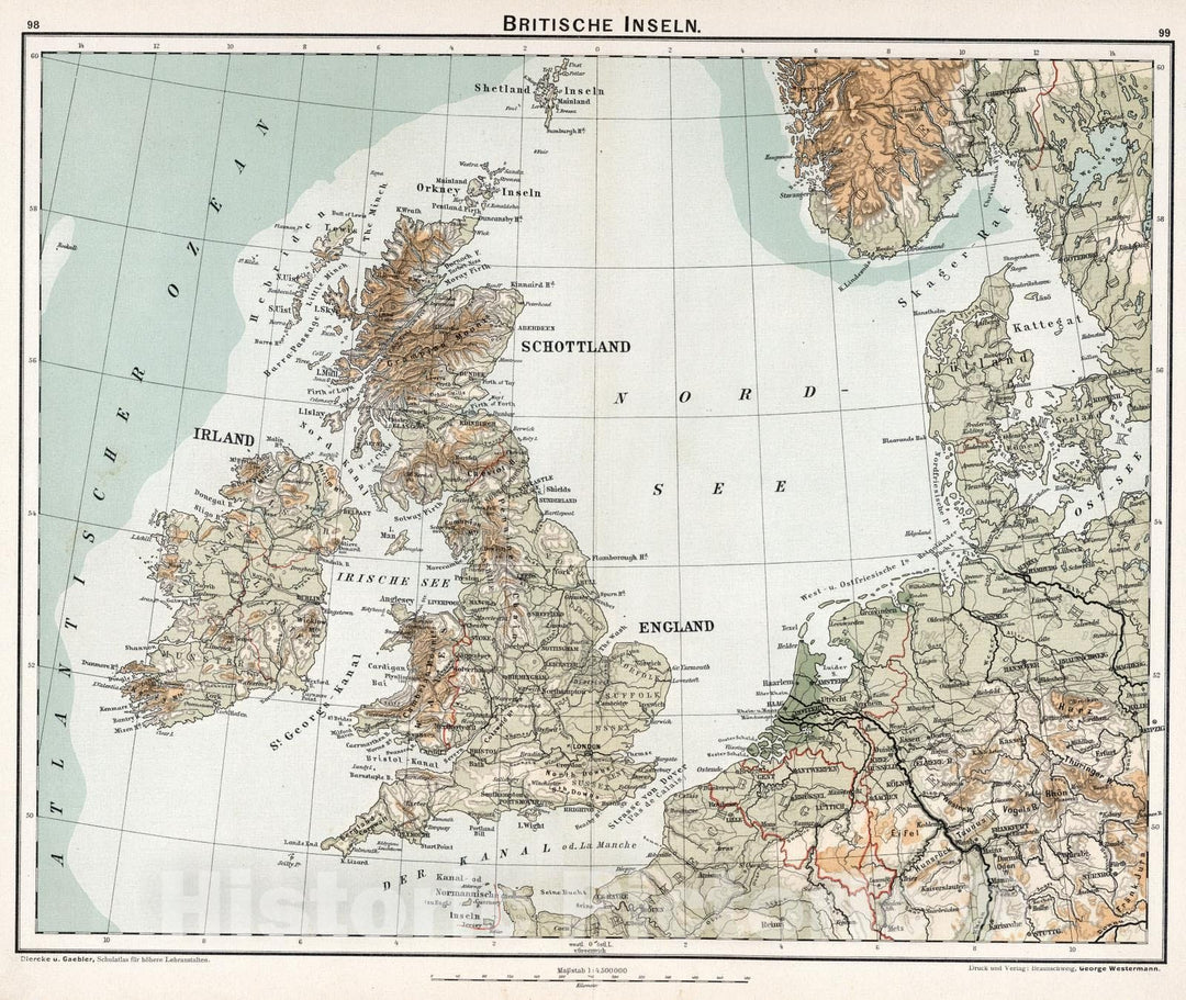 Historic Map : British Isles, Europe 1896 Britische Inseln , Vintage Wall Art