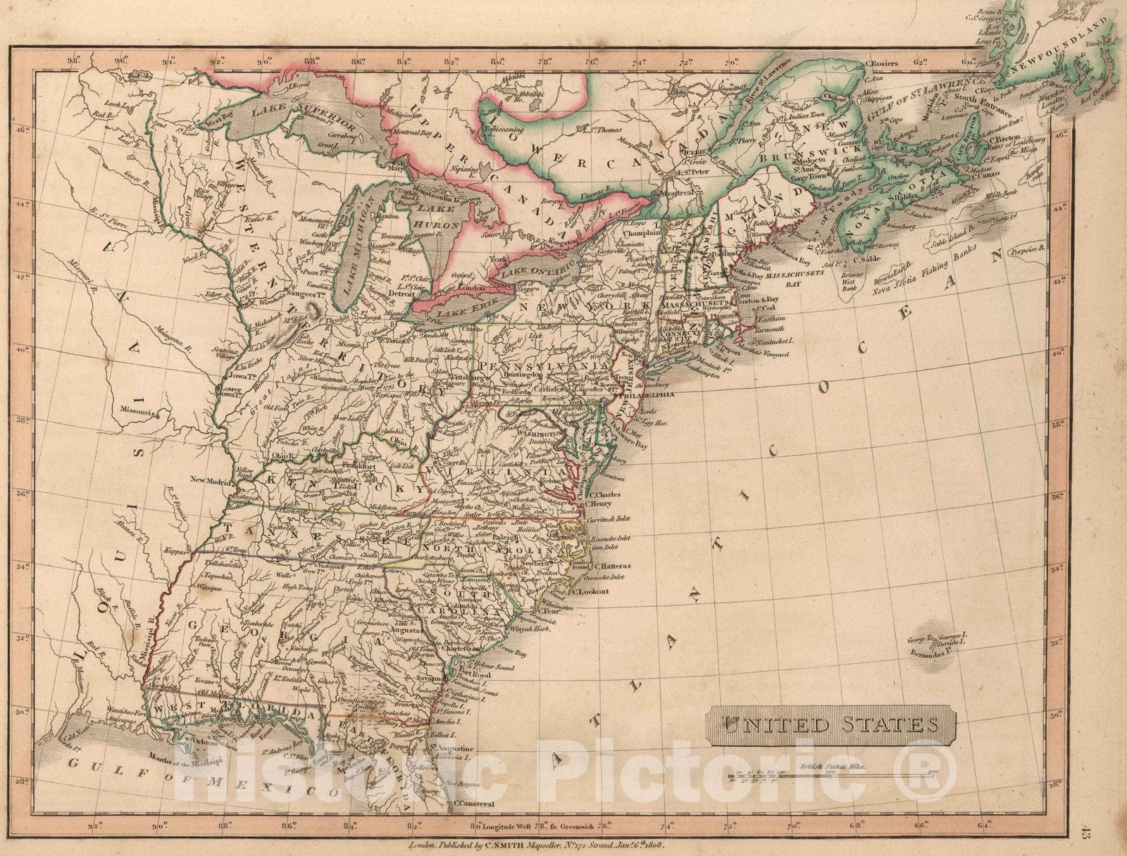 Historic Map : 1808 United States : Vintage Wall Art