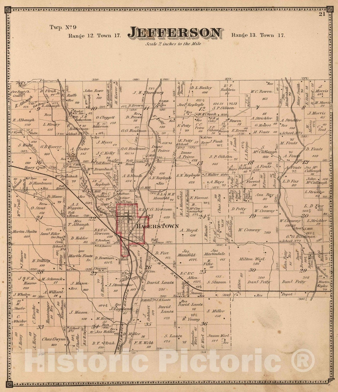 Historic Map : 1874 Jefferson Township, Wayne County, Indiana. - Vintage Wall Art