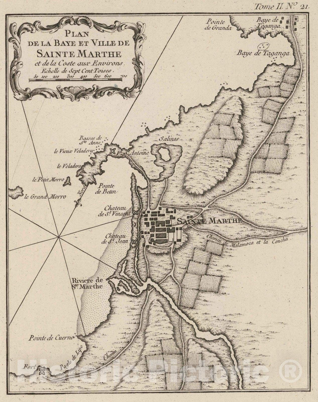 Historic Map : Colombia, 1764 Plan De La Baye Et Ville De Sainte Marthe et de la Coste aux Environs , Vintage Wall Art