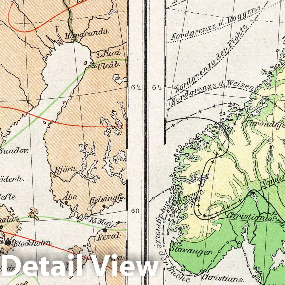 Historic Wall Map : Scandanavia, Europe 1896 Skandinavien. Wanderung der Isothermen. Verbreitung der wichtigeren Pflanzen , Vintage Wall Art