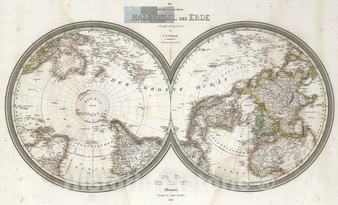 Historic Map : 1841 Die suedliche und nordliche Halbkugel der Erde. Northern and Southern Hemispheres. - Vintage Wall Art