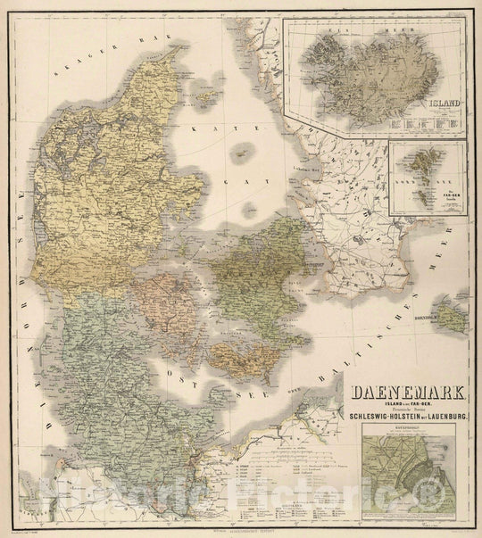 Historic Map : 1886 Denmark, Iceland, Faroe Island. Prussian Provinces Schleswig, Holstein and Lauenburg. - Vintage Wall Art