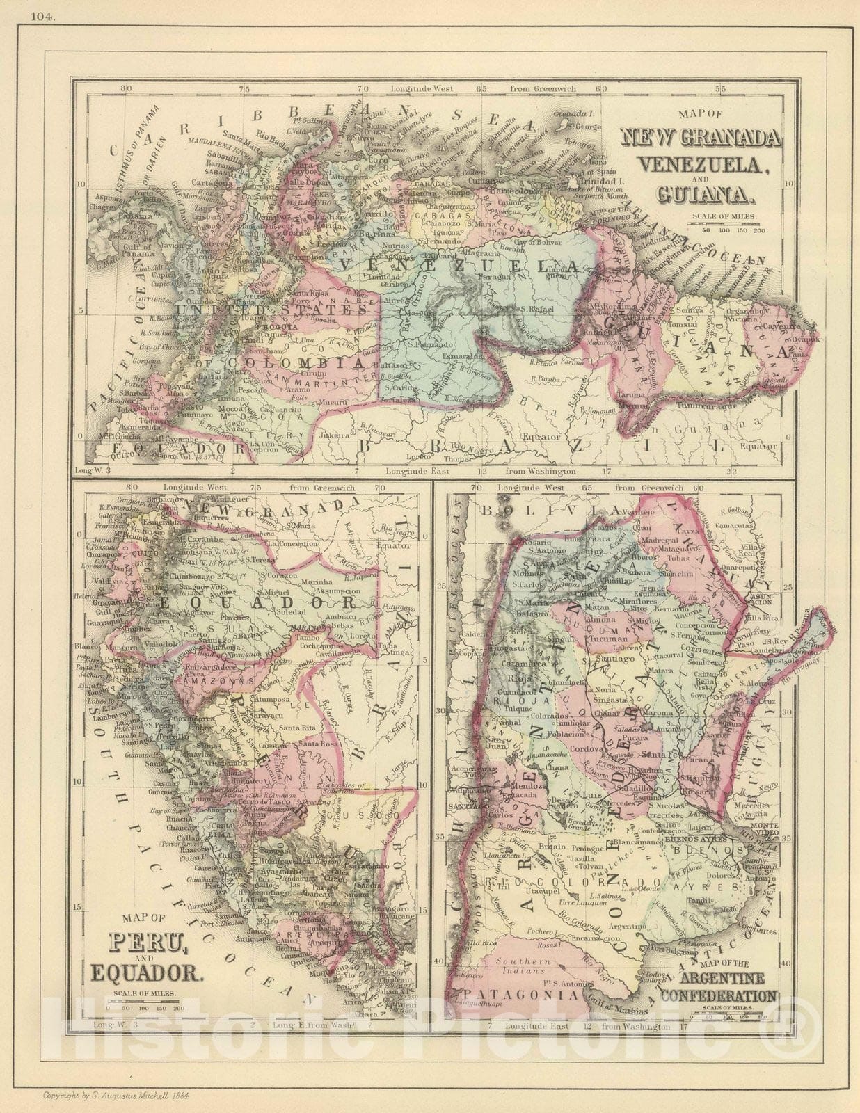 Historic Map : Colombia; Venezuela, , South America 1884 New Granada, Venezuela, Guiana. , Vintage Wall Art