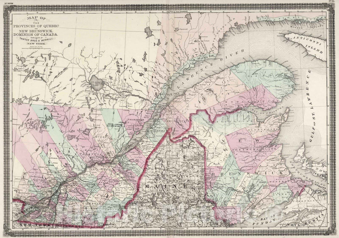 Historic Map : 1874 Quebec and New Brunswick. - Vintage Wall Art