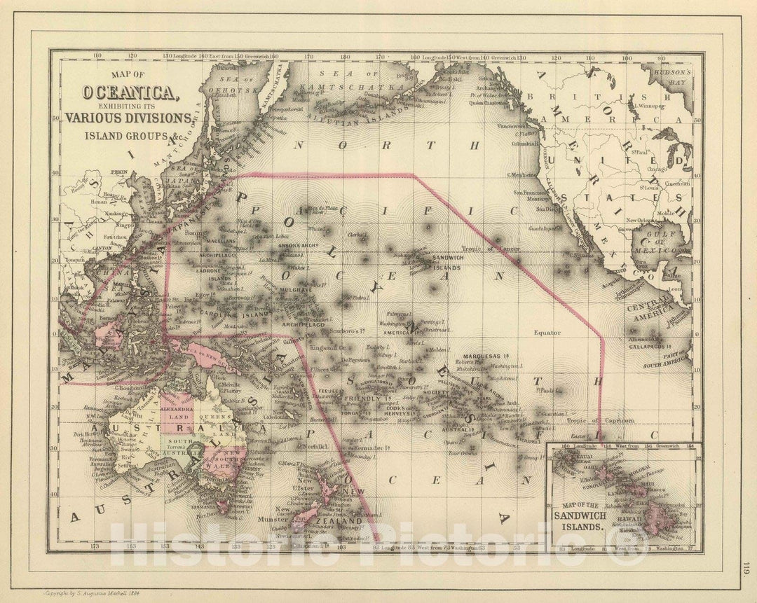 Historic Map : 1884 Oceanica, Sandwich Islands. - Vintage Wall Art