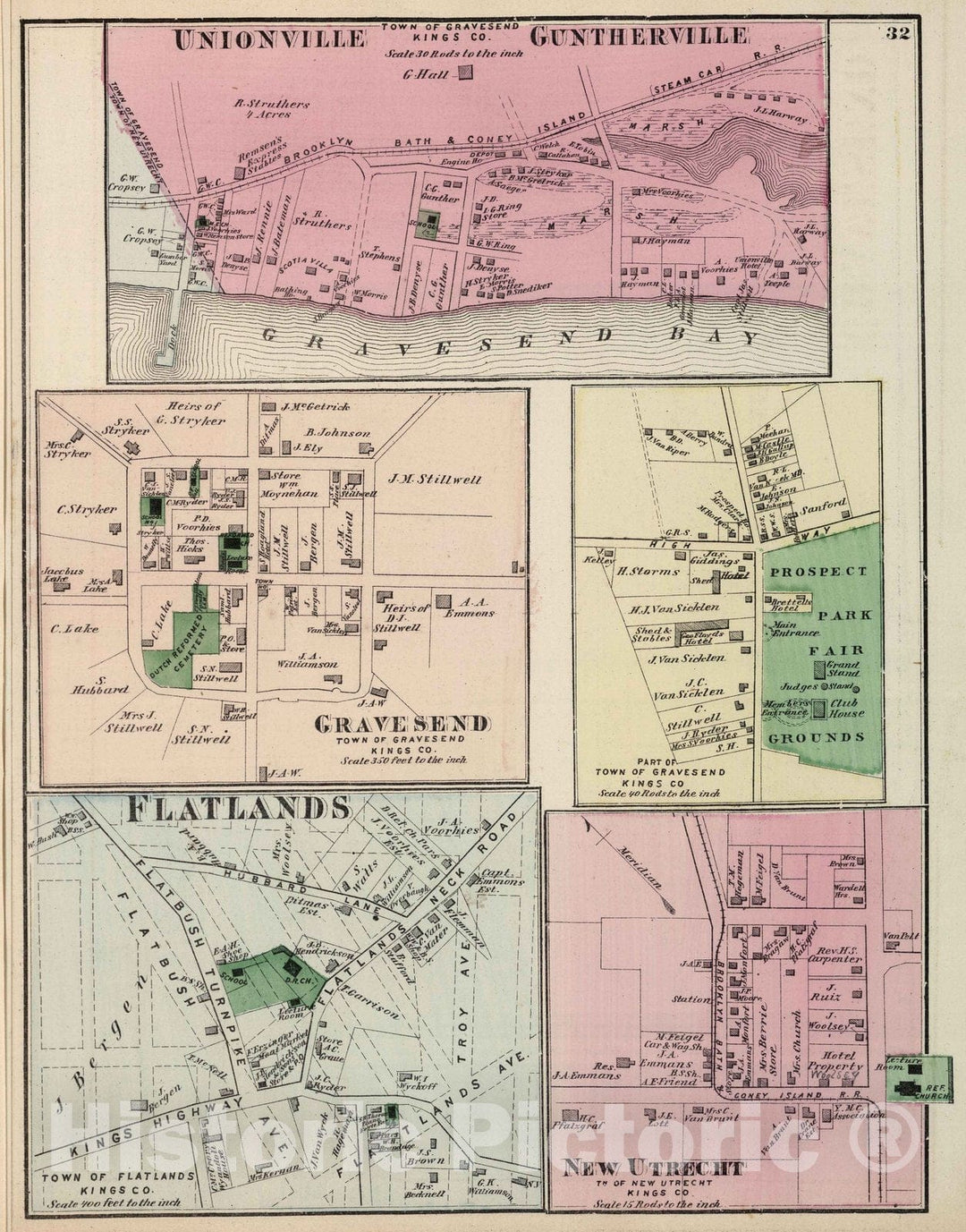 Historic Map : 1873 Unionville, Guntherville, in Gravesend. Flatlands. New Utrecht. Long Island. - Vintage Wall Art