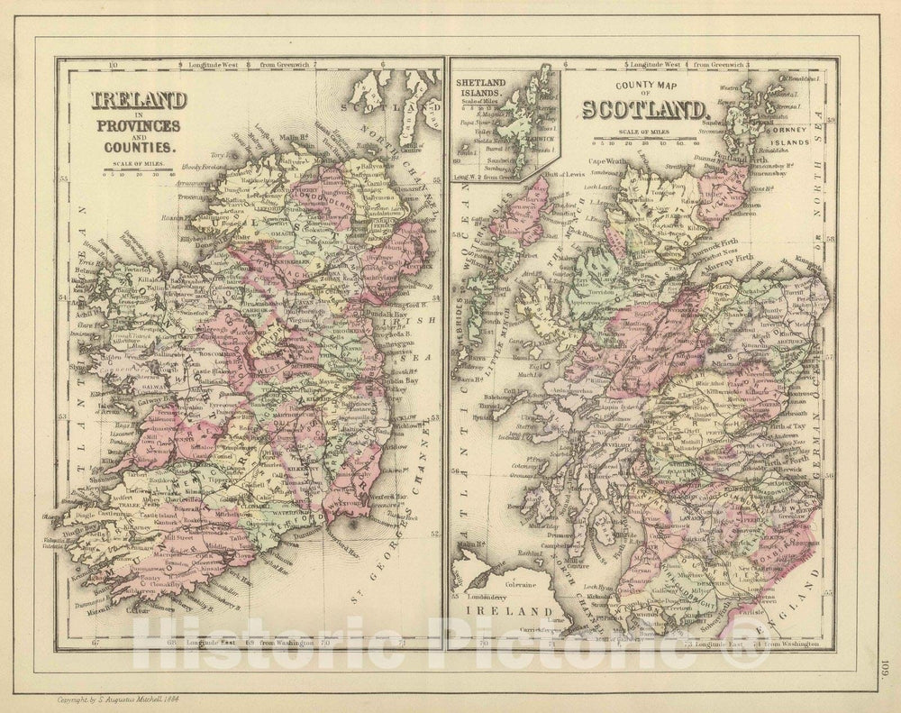 Historic Map : 1884 Ireland, Scotland. - Vintage Wall Art