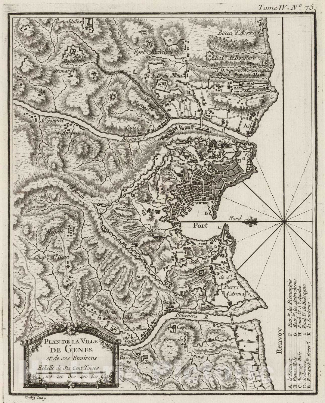 Historic Map : Italy , Genoa (Italy), Europe 1764 Plan de la Ville de Genes, et de ses Environs , Vintage Wall Art