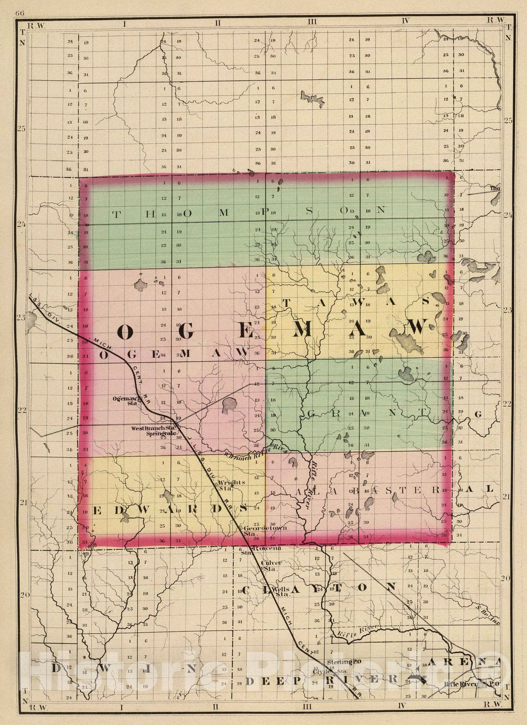 Historic Map : 1873 (Map of Ogemaw County, Michigan) - Vintage Wall Art