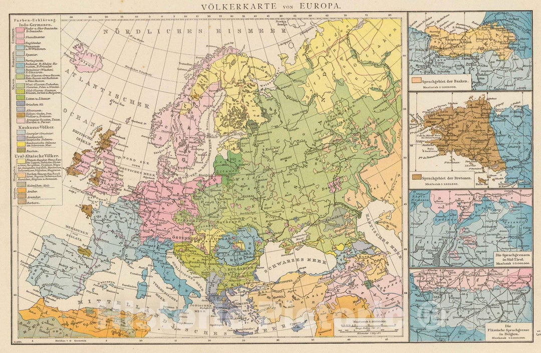 Historic Map : France; Spain, , Europe 1881 Volkerkarte von Europa. , Vintage Wall Art