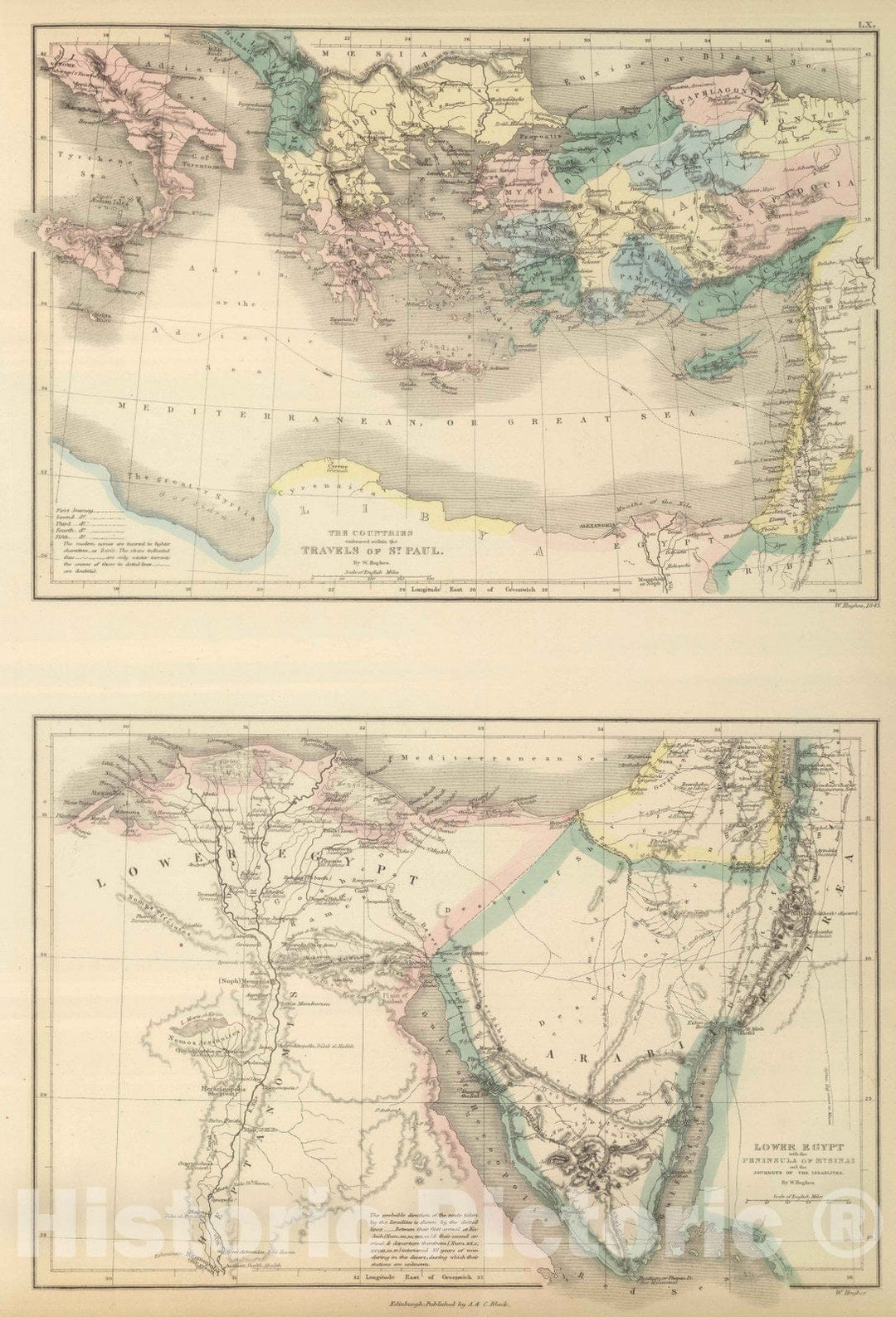 Historic Map : 1843 Travels of St. Paul. Lower Egypt - Vintage Wall Art