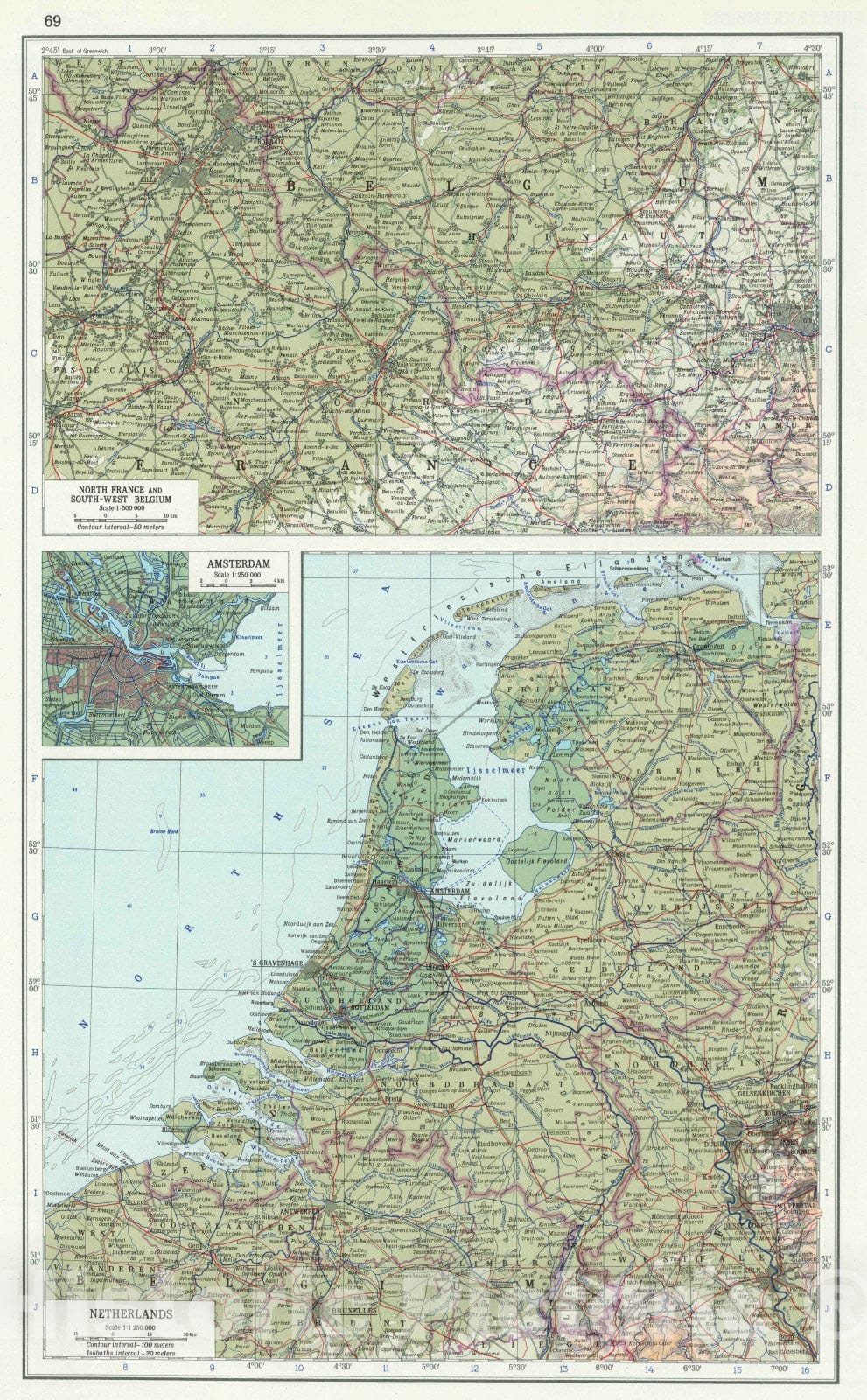 Historic Map : 1967 69. North France, South West Belgium, Netherlands. The World Atlas. - Vintage Wall Art