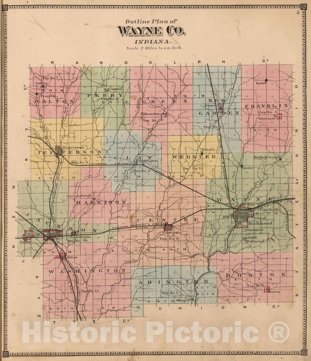 Historic Map : 1874 Outline Plan of Wayne County, Indiana. - Vintage Wall Art