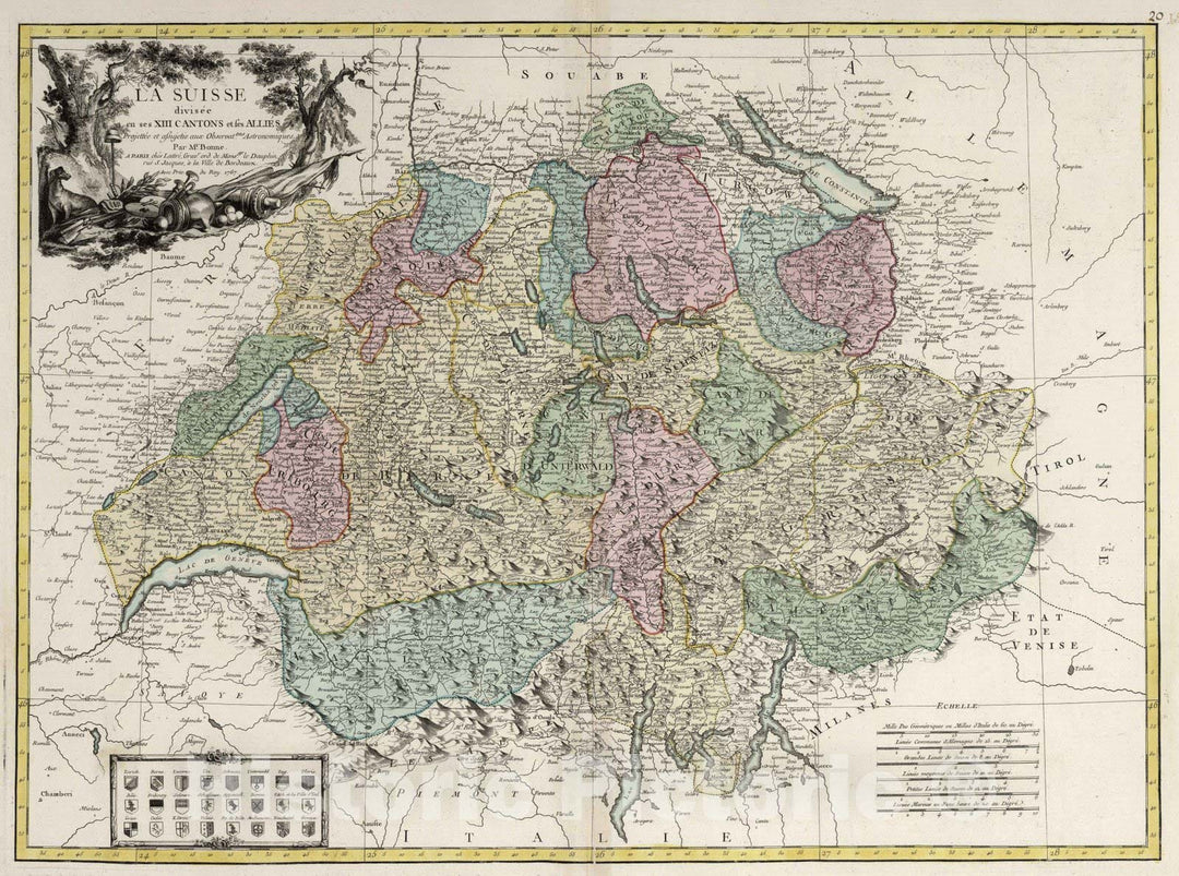 Historic Map : Switzerland, , Europe 1767 La Suisse : divisee en ses XIII Cantons et ses Allies , Vintage Wall Art