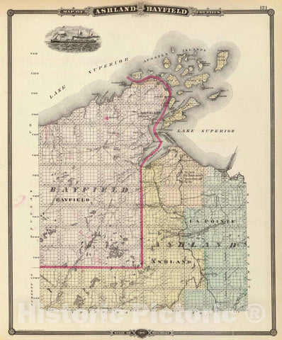 Historic Map : 1878 Map of Ashland and Bayfield counties, State of Wisconsin. - Vintage Wall Art