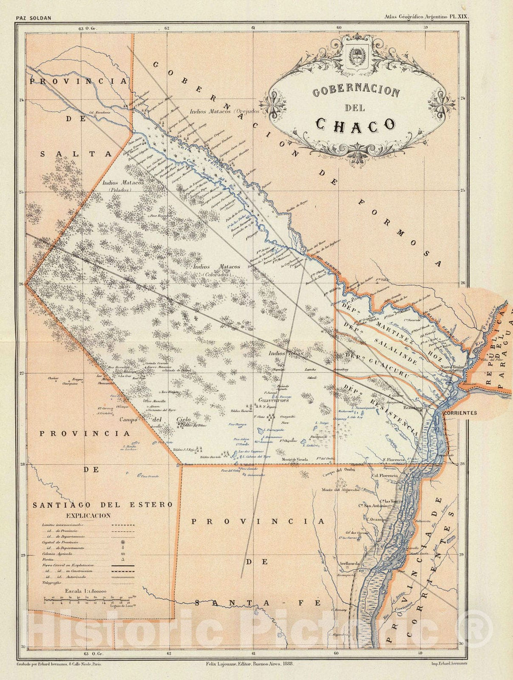 Historic Map : Argentina, Chaco (Argentina) 1888 Gobernacion de Chaco. , Vintage Wall Art