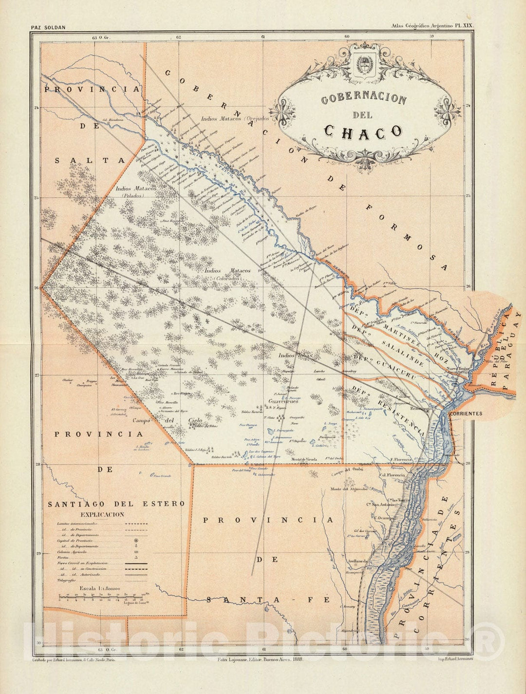 Historic Map : Argentina, Chaco (Argentina) 1888 Gobernacion de Chaco. , Vintage Wall Art