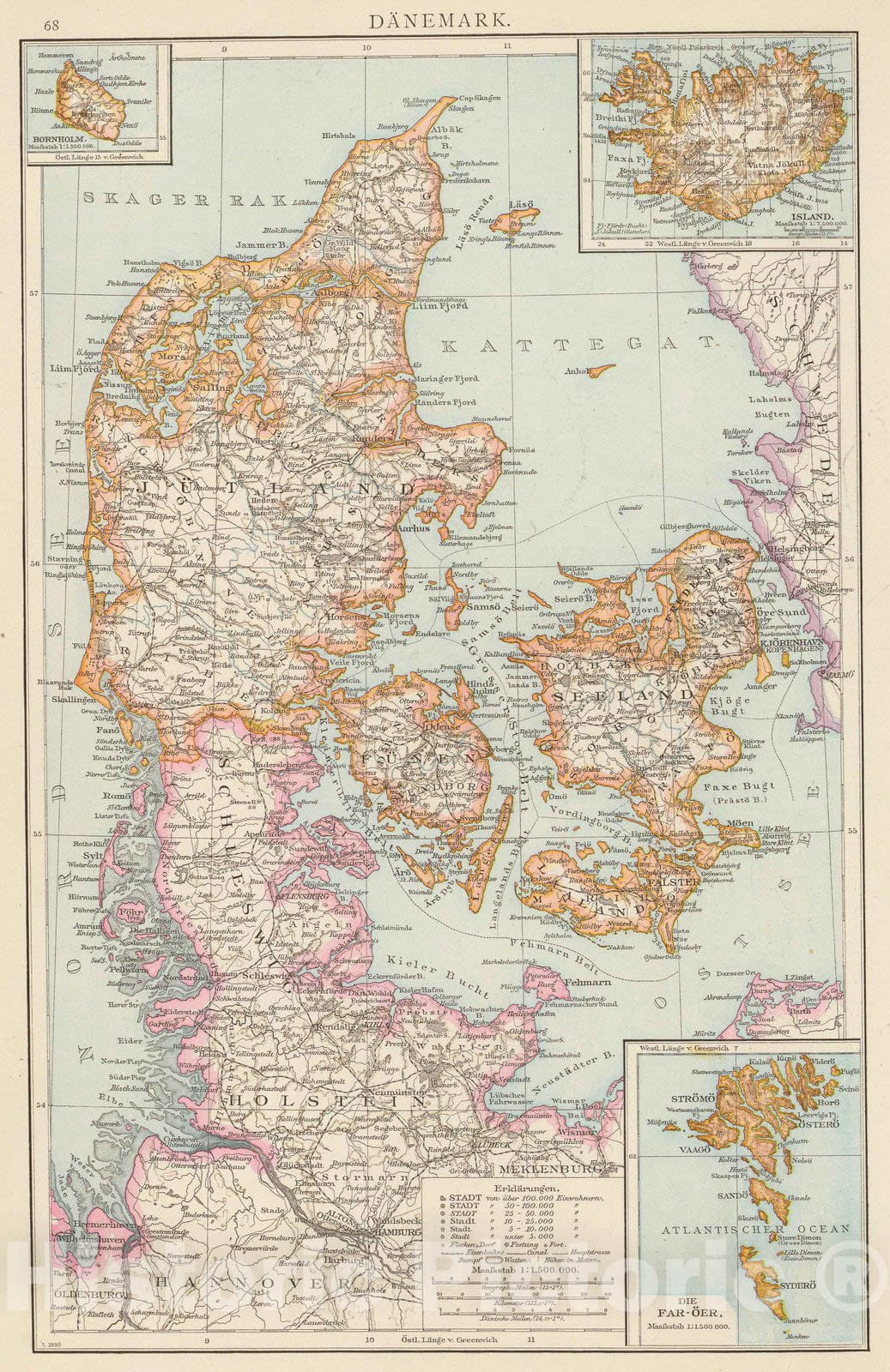 Historic Map : Denmark; Iceland, Faroe Islands 1881 Danemark, Island. , Vintage Wall Art