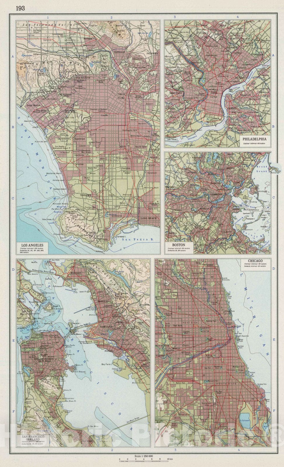 Historic Map : 1967 193. Los Angeles, San Francisco, Philadelphia, Boston, Chicago. The World Atlas. - Vintage Wall Art