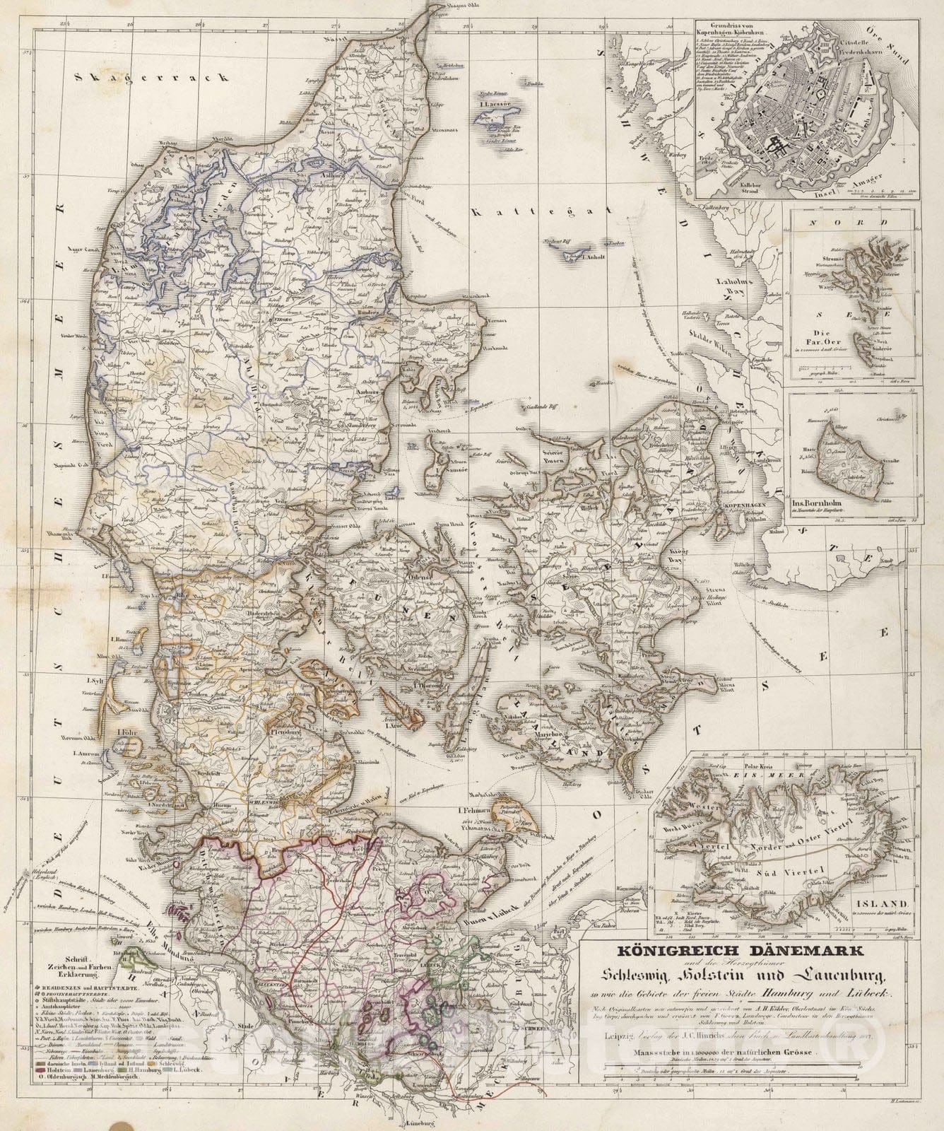 Historic Map : Denmark, 1847 Das Konigreich Danemark , Vintage Wall Art