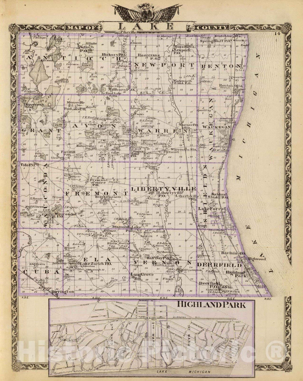 Historic Map - 1876 Map of Lake County and Highland Park. - Vintage Wall Art