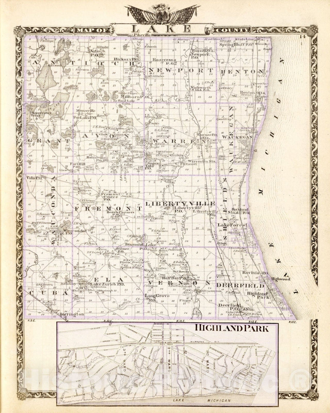 Historic Map - 1876 Map of Lake County and Highland Park. - Vintage Wall Art