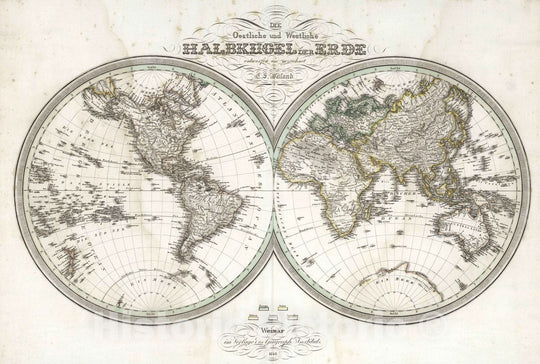 Historic Map : 1841 Oestliche und Westliche Halbkugel der Erde Western and Eastern Hemispheres. - Vintage Wall Art