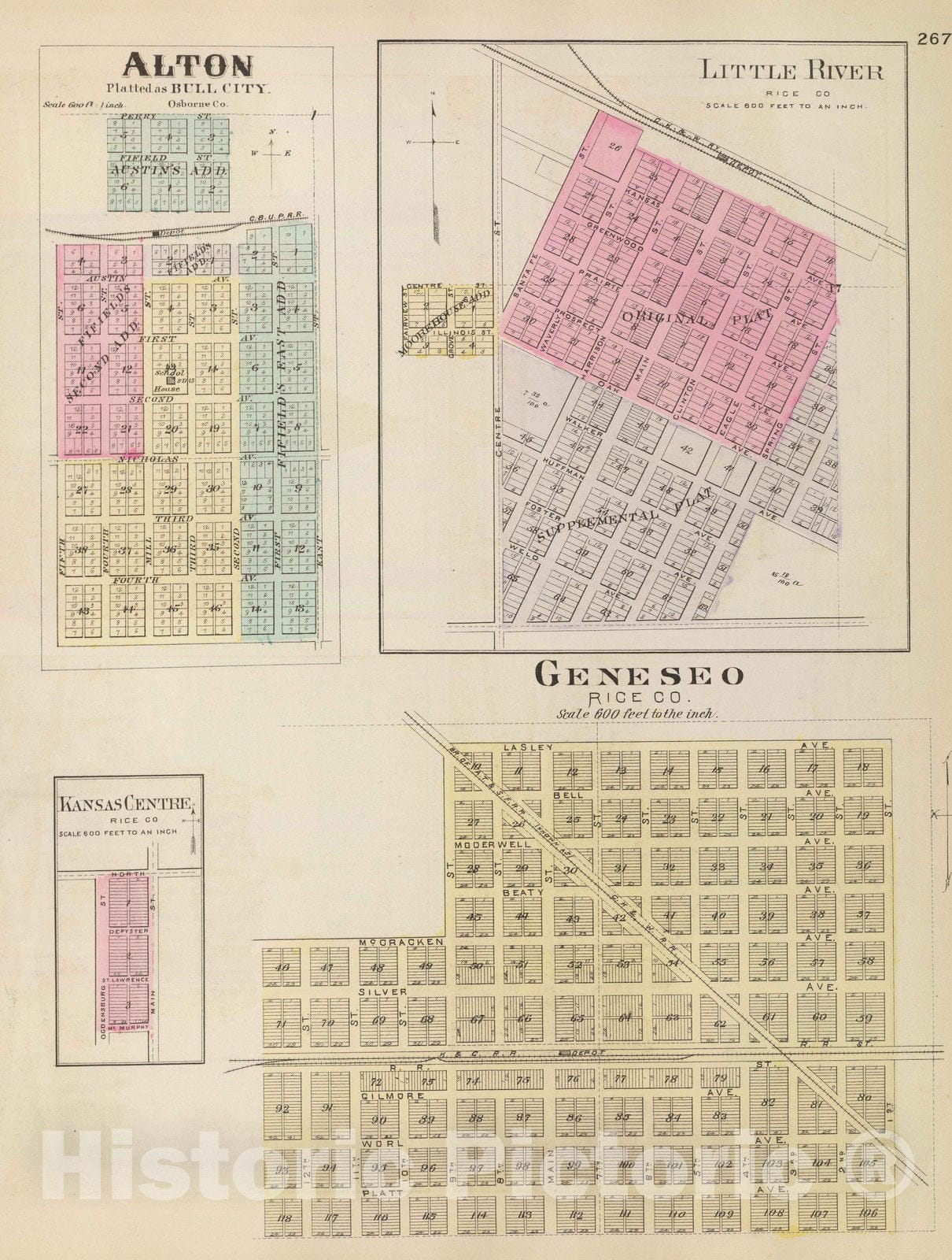 Historic Map : 1887 Geneseo, Alton, Little River, Kansas Centre. - Vintage Wall Art