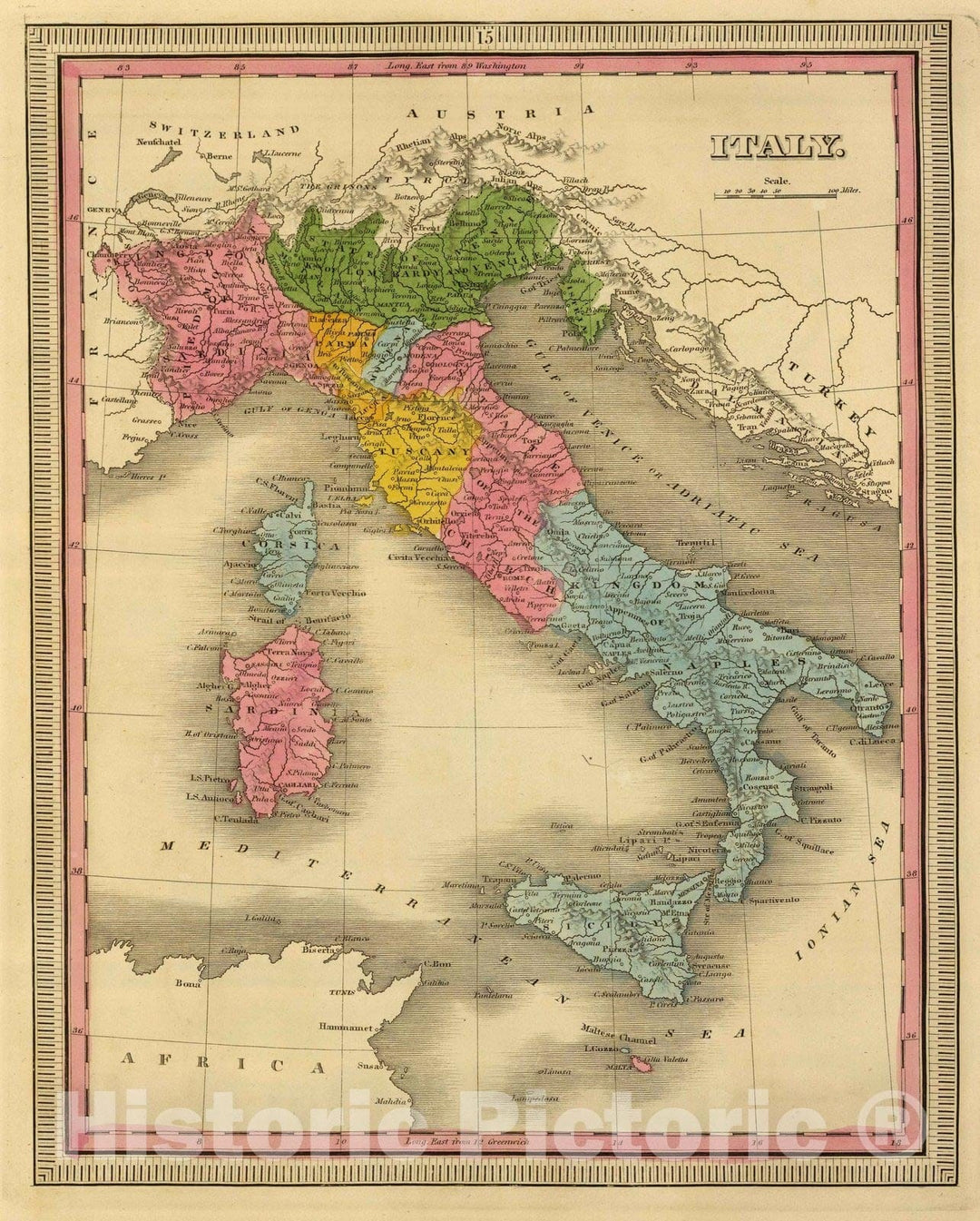 Historic Map : 1845 Italy. - Vintage Wall Art