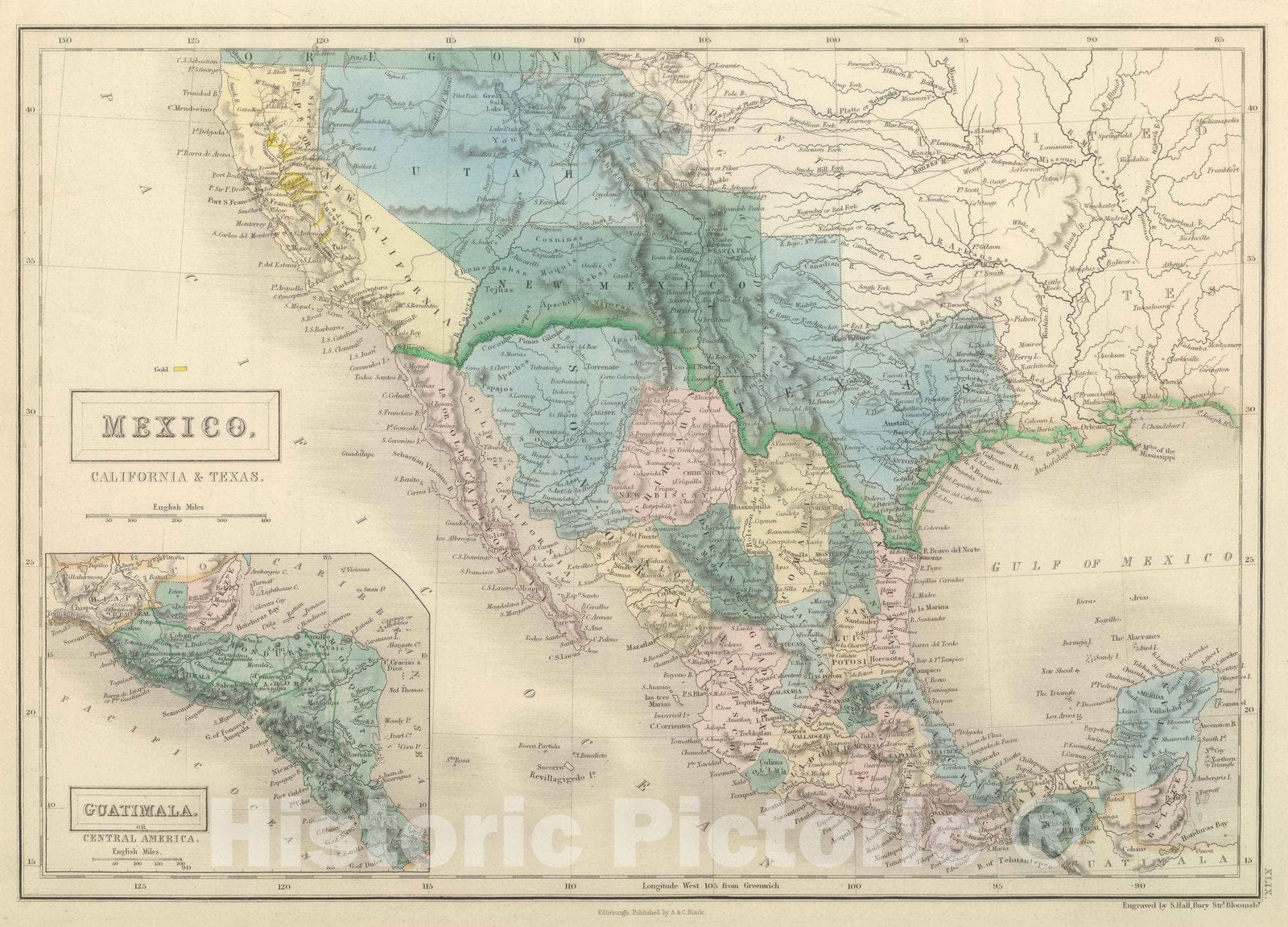 Historic Map : 1854 Mexico, California & Texas. - Vintage Wall Art