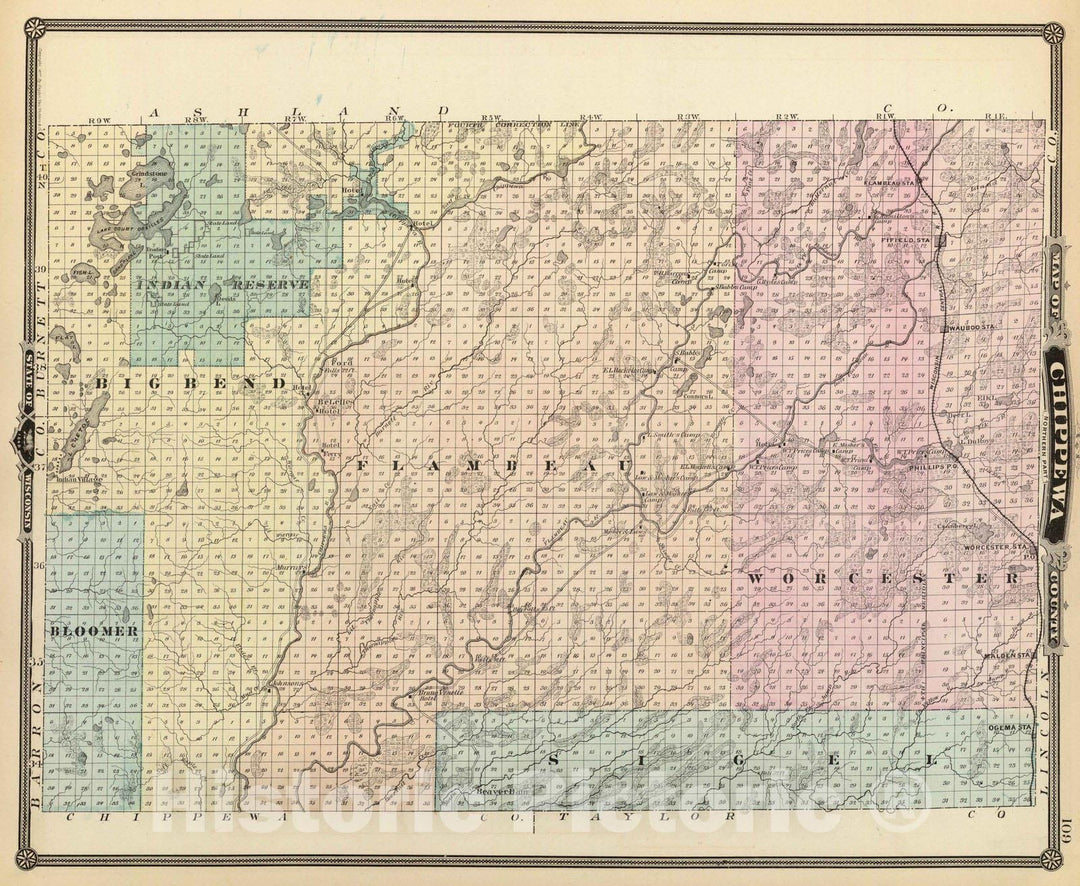 Historic Map : 1878 Map of Chippewa County (northern part), State of Wisconsin. - Vintage Wall Art