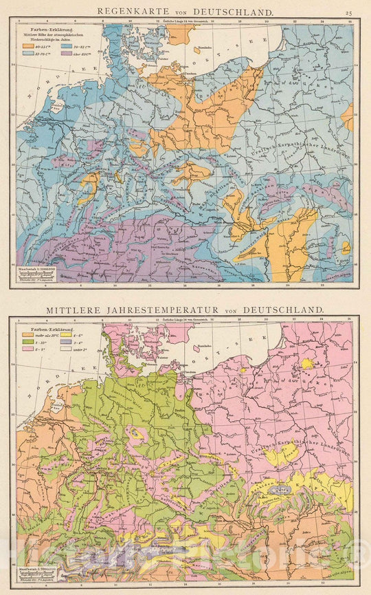 Historic Map : Germany; Poland, Europe, Central 1881 Regenkarte, Mittlere Jahrestemperatur v. Deutschland. , Vintage Wall Art