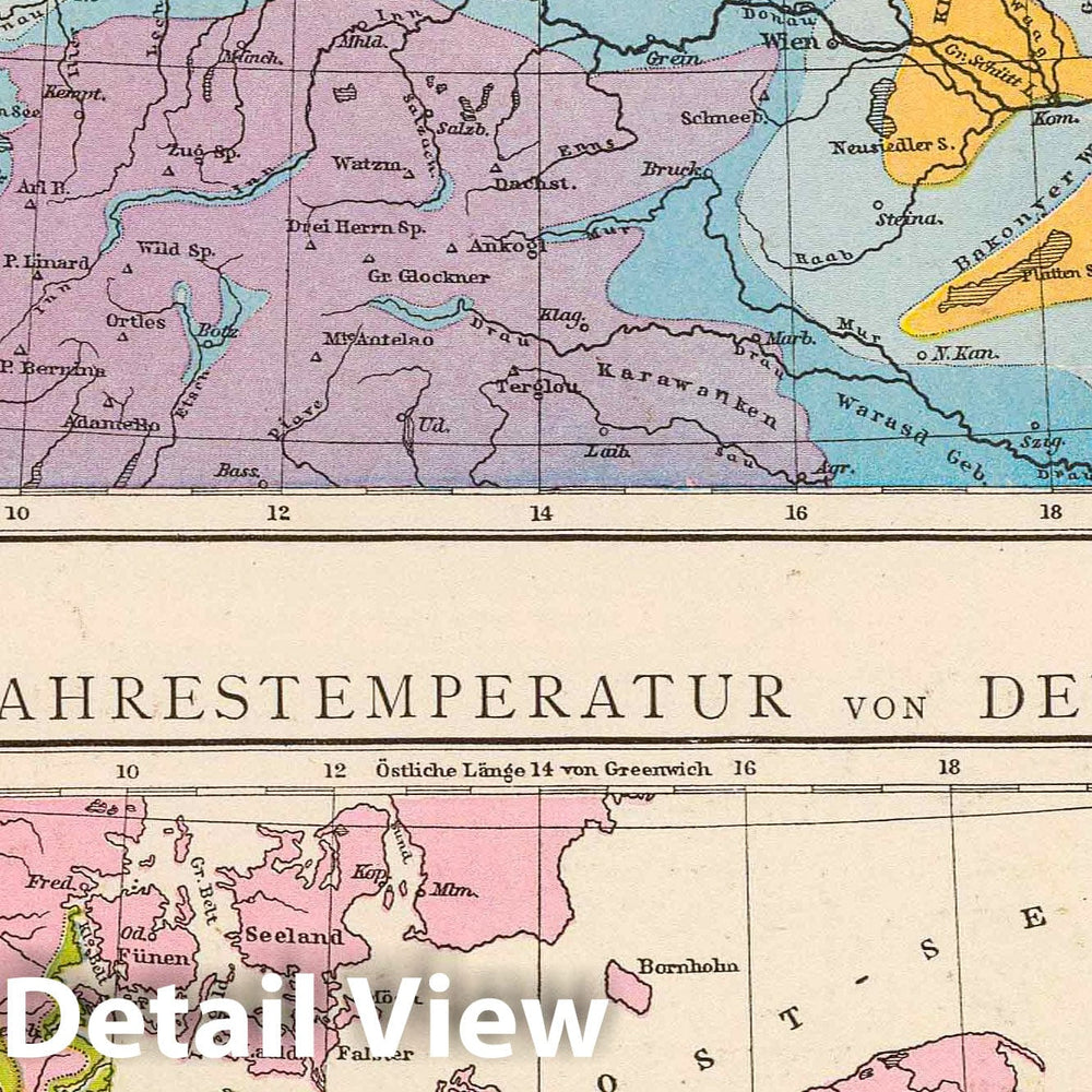 Historic Map : Germany; Poland, Europe, Central 1881 Regenkarte, Mittlere Jahrestemperatur v. Deutschland. , Vintage Wall Art