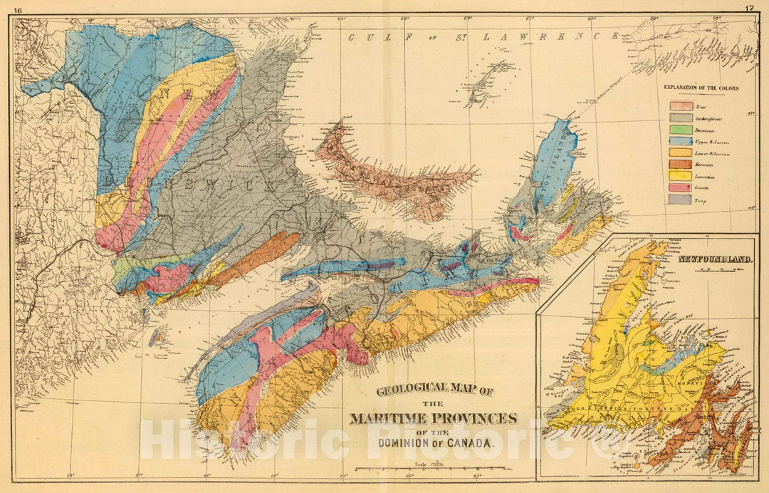 Historic Map : 1878 Geological map, Maritime Provinces. - Vintage Wall Art